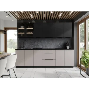 Kuhinjski blok STAŠA 260 cm je kuhinja v kombinaciji črne mat in kašmir barve. Kuhinja je izdelana iz oplemenitenih ivernih plošč debeline 16 mm in je