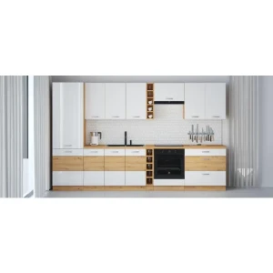 Kuhinjski blok TISA 335 cm z vgradnimi aparati je izdelana iz oplemenitenih ivernih plošč debeline 16 mm, oblečena v dekor, kateri jo ščiti pred vlago in