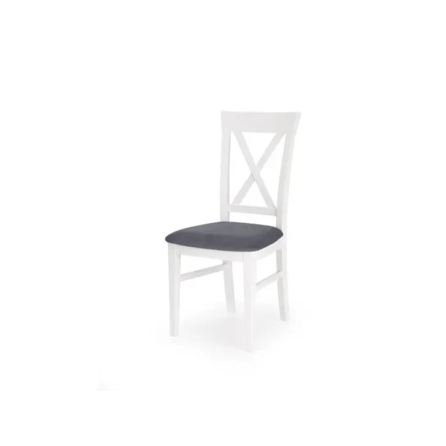 Kuhinjski stol BARBI je zelo stabilen. Narejen je iz masivnega bukovega lesa v beli barvi, sedišče pa je v tkanini sive barve. Dimenzije: - Š: 46 cm - V: 92
