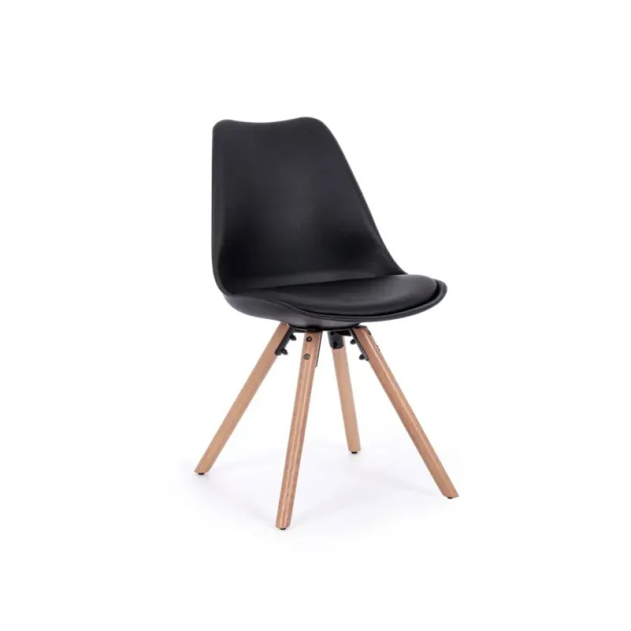 Kuhinjski stol NEW TREND črn ima noge iz bukovega lesa, sedalni del ter naslon pa sta iz plastike. Sedalni del je oblazinjen z umetnim usnjem. Dimenzije: