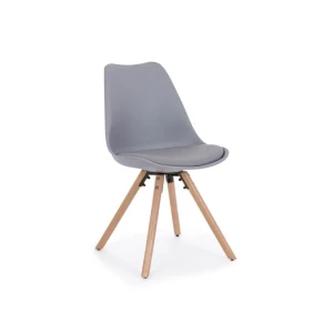 Kuhinjski stol NEW TREND siv ima noge iz bukovega lesa, sedalni del ter naslon pa sta iz plastike. Sedalni del je oblazinjen z umetnim usnjem. Dimenzije:
