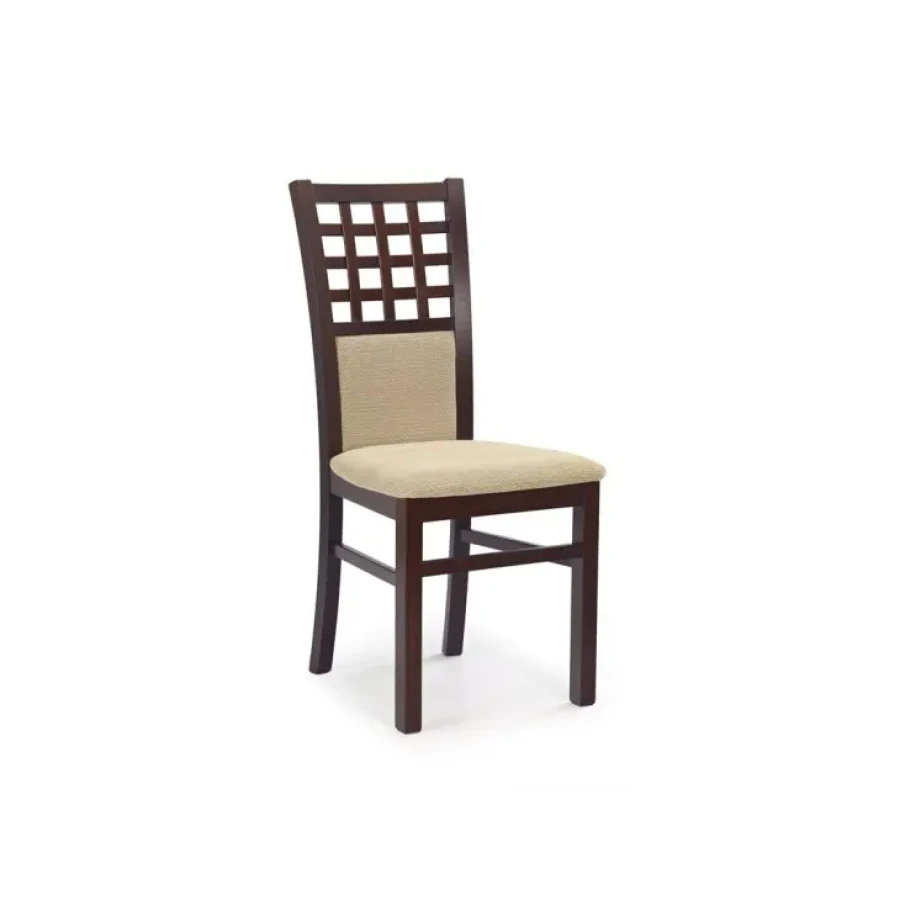 Kuhinjski stol STOJAN je zelo stabilen. Narejen je v tkanini bež barve, noge stola pa so iz masivnega bukovega lesa barve črnega oreha. Dimenzije: - Š: 44cm