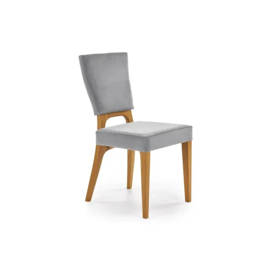 Kuhinjski stol VANDA je zelo stabilen. Narejen je iz tkanine v sivi barvi, noge stola so iz masivnega hrastovega lesa. Dimenzije: - Š: 43 cm - V: 91 cm - G: