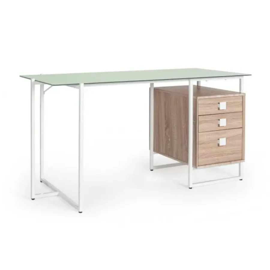 Pisalna miza THOMAS je elegantna pisalna miza, ki je primerna za vsak prostor. Narejena je iz kovinskega okvirja. Mizna plošča je narejena iz kaljenega