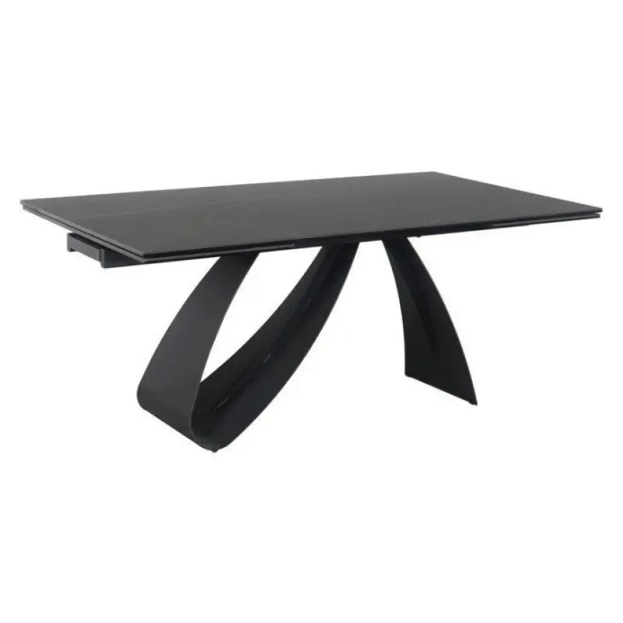 Raztegljiva jedilna miza DIJANA modernega dizajna. Okvir je narejen iz kovine v črni mat barvi. Mizna plošča je narejena iz kaljenega stekla s črnim