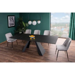 Moderna raztegljiva jedilna miza SALVADOR 1 predstavlja praktičnost in sodobni pristop k ureditvi jedilnega prostora. Mizna plošča je narejena iz kaljenega