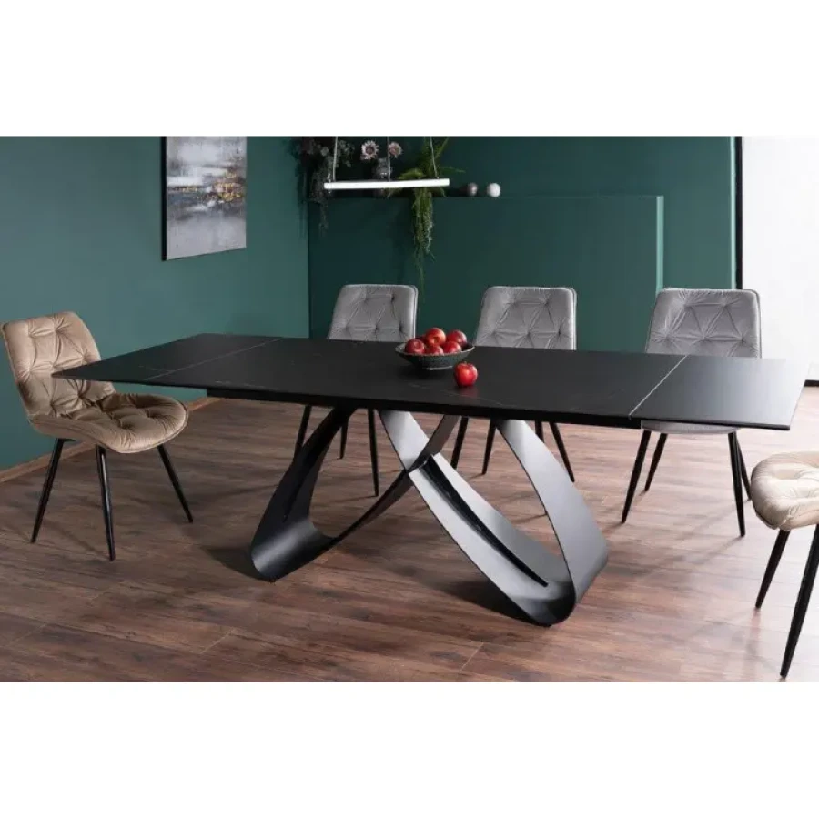 Raztegljiva jedilna miza SOMAL modernega dizajna. Okvir je narejen iz kovine v črni mat barvi. Mizna plošča je narejena iz kaljenega stekla s črnim
