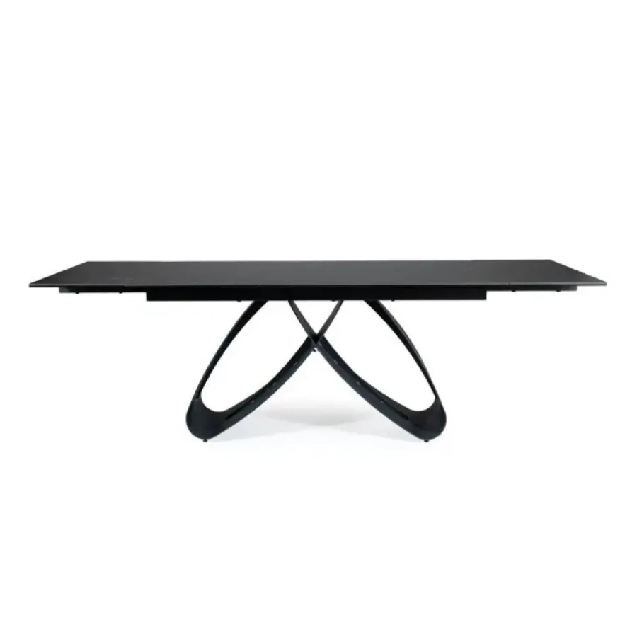 Raztegljiva jedilna miza SOMAL modernega dizajna. Okvir je narejen iz kovine v črni mat barvi. Mizna plošča je narejena iz kaljenega stekla s črnim
