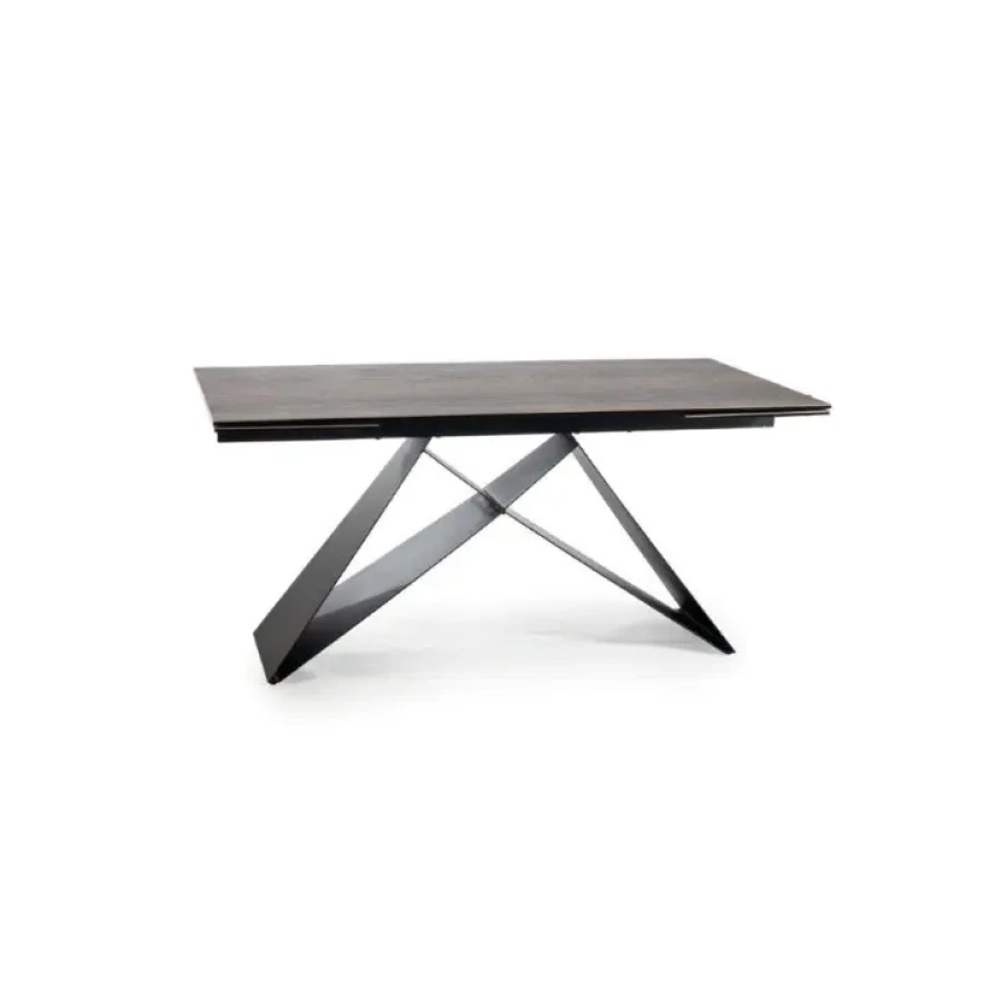Moderna raztegljiva jedilna miza TINE 2. Okvir je narejen iz kovine v črni mat barvi. Mizna plošča je napravljena iz kaljenega stekla in špansko keramiko