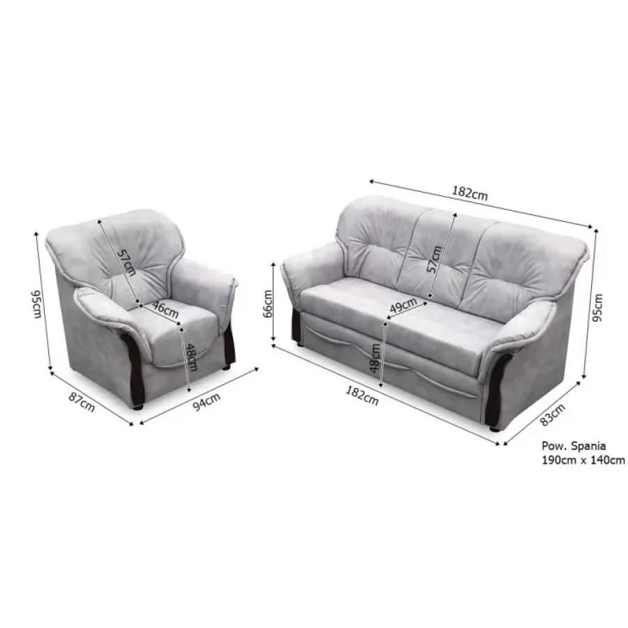 Garnitura MELISANDRA 3 + 1 + 1 je sestavljena iz dveh foteljev in enega troseda. Narejena je iz kvalitetne in mehke tkanine. Trosed ima pomožno ležišče in