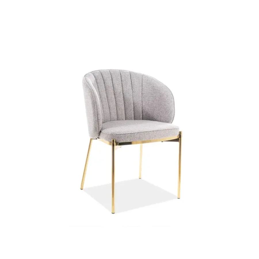 Moderen stol KSENIJA. Njegova preprostost in modernost vas bosta navdušili. Dobavljiv v sivi barvi. Noge so iz kovine v zlati barvi, sedež pa iz tkanine.