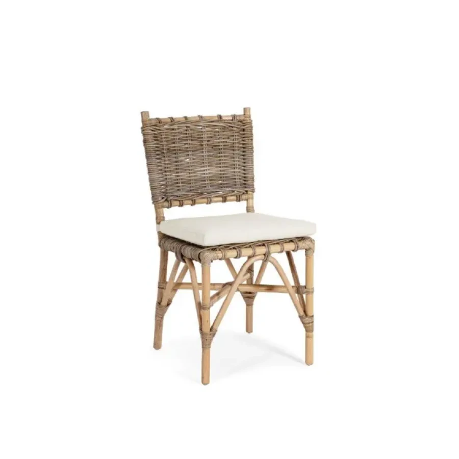 Vrtni stol TARIFA narejen iz ratana. Na sedalnem delu ima blazino, ki je odstranljiva. Material: - Ratan Dimenzije: širina: 47cm globina: 57.5cm višina: 91cm