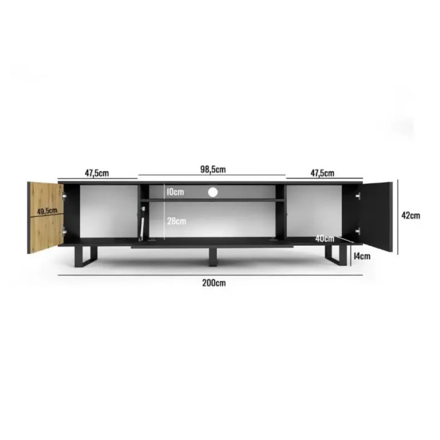 Tv omarica AZUR 1 je narejena iz kvalitetne laminirane plošče. Vrata se odpirajo s sistemom "push to open". Nogice ima plastične. Material: - Laminirana