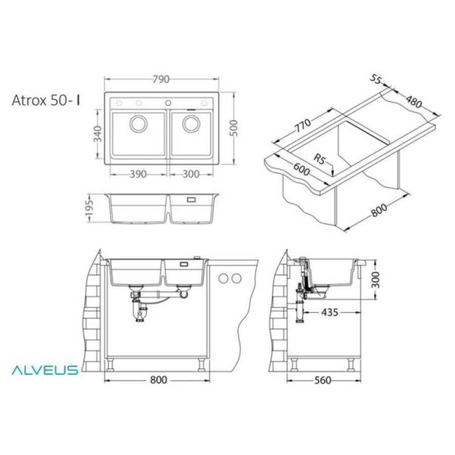 GRANITAL POMIVALNO KORITO ALVEUS ATROX 50, CONCRETE G81 790X500 MM - slika 3