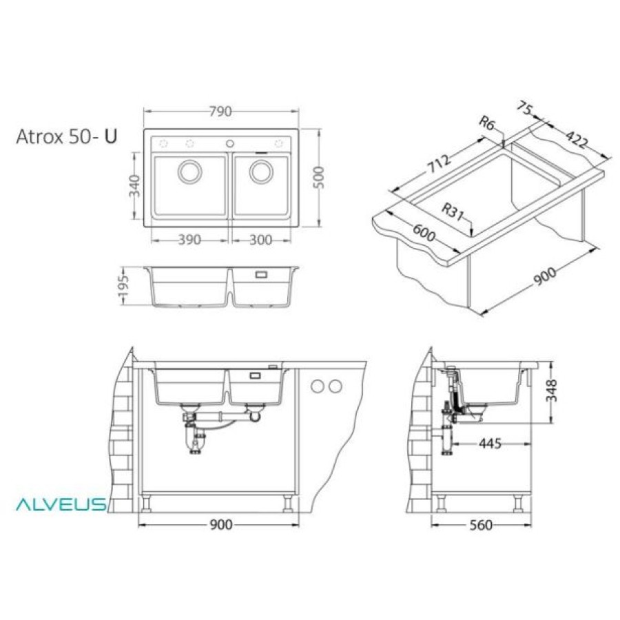 GRANITAL POMIVALNO KORITO ALVEUS ATROX 50, CONCRETE G81 790X500 MM - slika 4