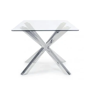 Jedillna miza MAY je sestavljena iz kovinskih nog (krom) in mizne plošče iz kaljenega stekla debeline 10 mm. Dimenzije: širina: 160cm globina: 90cm višina: