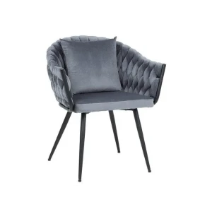 Jedilni stol NEBIA nudi luksuz. S svojim dizajnom pletenega videza iz žameta, nudi moderen dizajn. Nogice so iz kovine v črni barvi. Zraven vsakega stola