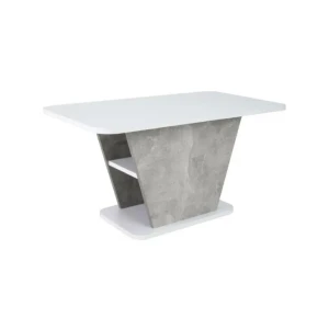 Klubska mizica BRODI. Mizna plošča je narejena iz laminirane plošče v beli mat barvi. Mizna noga je prav tako narejena iz laminirane plošče v sivi mat