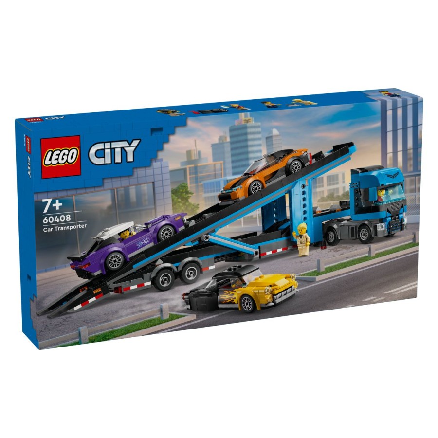 Transporter LEGO® City za več avtomobilov. Naredi veselje ljubitelju avtomobilčkov s kompletom za sestavljanje LEGO® City Transportno vozilo za avtomobile z avtomobili (60408) za starost 7+. Otroci lahko nagnejo voznikovo kabino za dostop do motorja