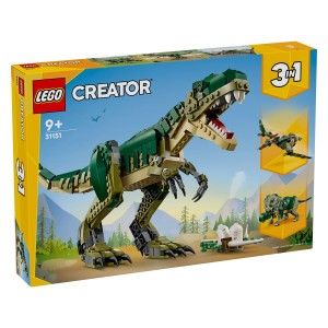 Dinozavrska zabava z igračo 3v1 LEGO® Tiranozaver.              Odpotuj nazaj v času do zabavnih pustolovščin s 3 osupljivimi figurami dinozavrov. Sestavi strašnega tiranozavra z velikimi zobmi in močnim telesom. Za več dinozavrske akcije lahko sestaviš triceratopa s koničastimi grbami in 3 rožički