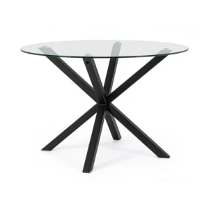 Miza MAY črna je elegantna okrogla miza, ki popestri vsak prostor. Mizna plošča je narejena iz kaljenega stekla debeline 10mm. Mizne noge so iz kovine. S