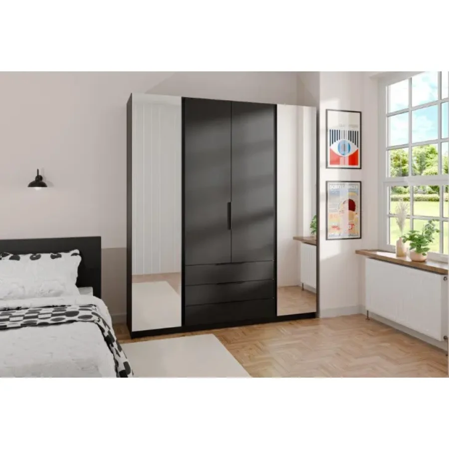 Garderobna omara ANGELA 3 200 cm. Moderen dizajn v kombinaciji z ogledalom, vsebuje tudi predale. Narejena je iz laminirane plošče debeline 16 mm. Na voljo