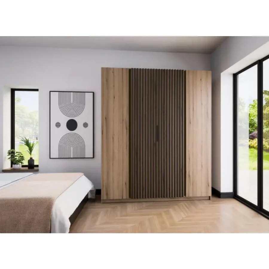 Garderobna omara DALILA 1 200 cm ima moderen dizajn. Narejena je iz laminirane plošče debeline 16 mm. Garderobna omara je zelo prostorna, saj ima veliko