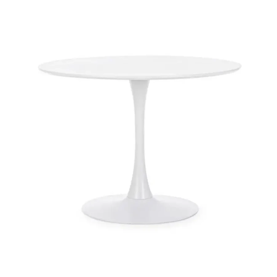 Miza BLOOM D100 bela je elegantna in preprosta miza. Mizna plošča je narejena iz MDF-ja s kovinskimi nogami. Dimenzije: širina: Ø100cm višina: 75hcm