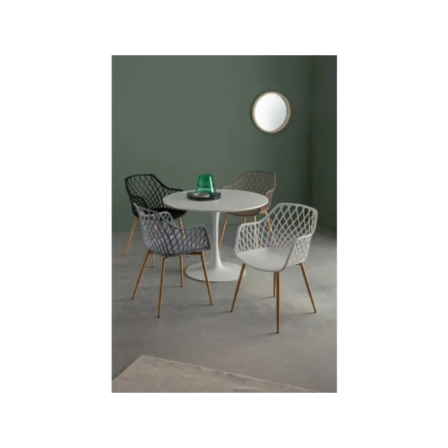 Miza BLOOM D100 bela je elegantna in preprosta miza. Mizna plošča je narejena iz MDF-ja s kovinskimi nogami. Dimenzije: širina: Ø100cm višina: 75hcm