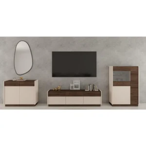 Dnevni regal MIMI 3 je elegantnega videza saj ne vsebuje ročajev. Deluje na sistem push to open. S svojimi nevtralnimi barvami, v bež in oreh barvi pristaja