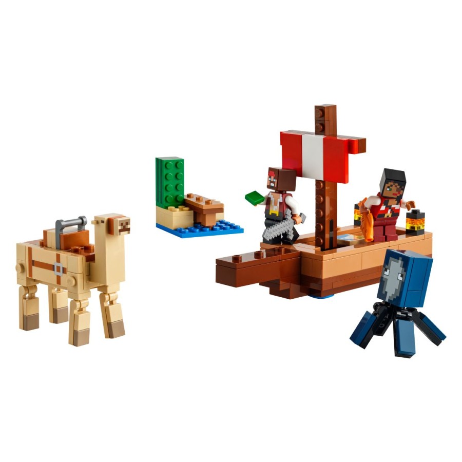 Vkrcaj se na ladjo z 2 LEGO® Minecraft® piratoma in razpni jadra za naslednjo dogodivščino v puščavskem okolju. Kaj ždi tam globoko v vodi? To je ligenj! Obrni proti kopnemu