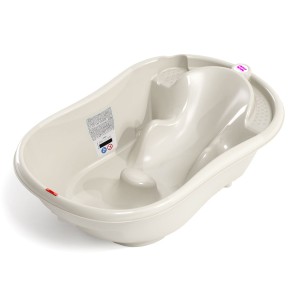 Udobne ergonomske oblike z dvema pozicijama za otroka v ležečem ali sedečem položaju. Integrirana varnostna opora pomaga udobno namestitev otroka in preprečuje zdrs.Vgrajen termometer in priročen indikator nivoja vode.Priročen del za odlaganje pripomočkov in igrač.Čep za hitro praznjenje z varnostnim ključem.