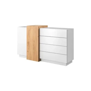 Elegantna in moderna komoda JURČEK, je narejena iz odličnih materialov v beli barvi s kombinacijo zlatega hrasta. Ima ABS rob in mehko zapiranje. S svojo