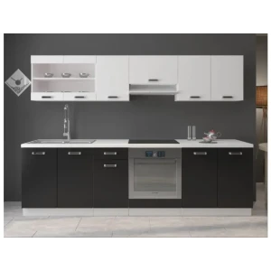 Kuhinjski blok DELTA 260 cm je dobavljiva v črno- beli barvi. Korpusi so iz laminirane plošče debeline 18 mm. Vrata steklene viseče omarice so iz kaljenega