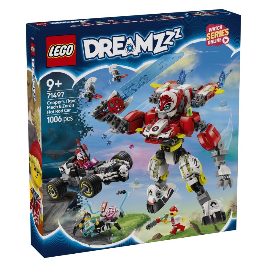 LEGO® Dreamzzz Cooperjev robotski oklep tigra in Zerojev dirkalnik Hot RodKibernetski možganski pajek izčrpava ustvarjalnost in sanje nedolžnega sanjača! Si pripravljen pomagati Cooperju
