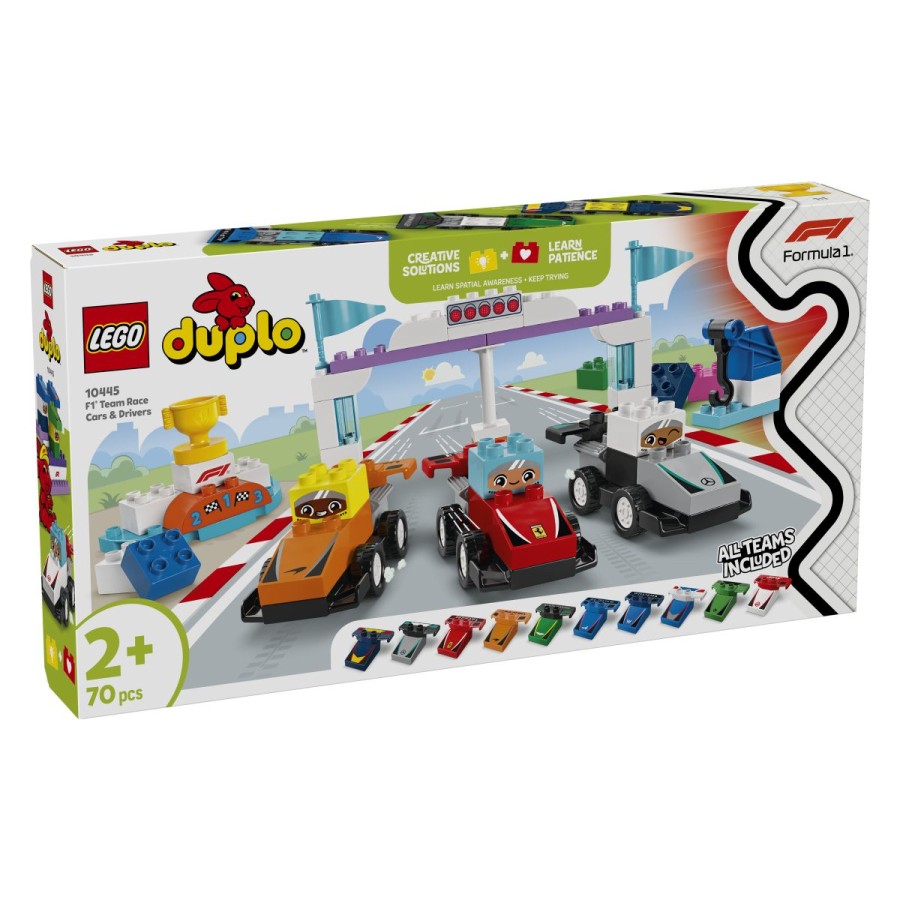 Lego® Duplo® Dirkalniki in dirkalci ekipe F1®Predstavite svojemu malčku svet Formule 1® s tem funkcijskim kompletom za sestavljanje LEGO® DUPLO®