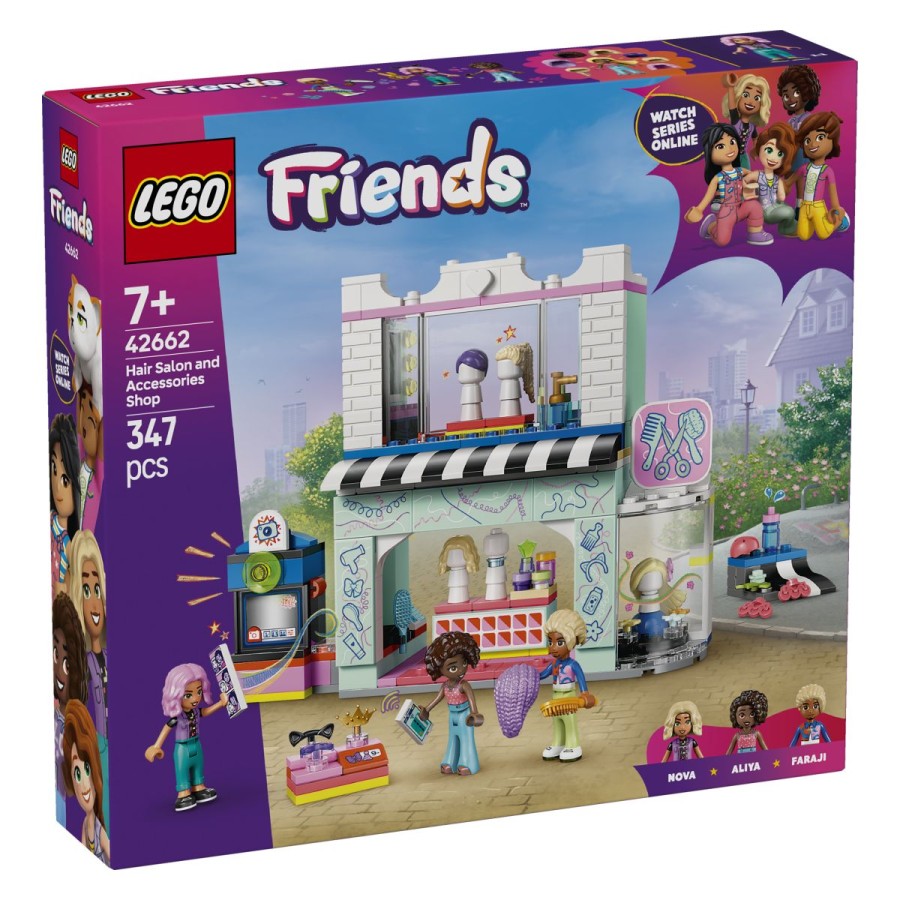 Lego® Friends Frizerski salon in trgovina z modnimi dodatkiNova in Aliya se zabavata in preizkušata nove videze s frizerjem Farajijem. Najprej se odpravita v salon v zgornjem nadstropju