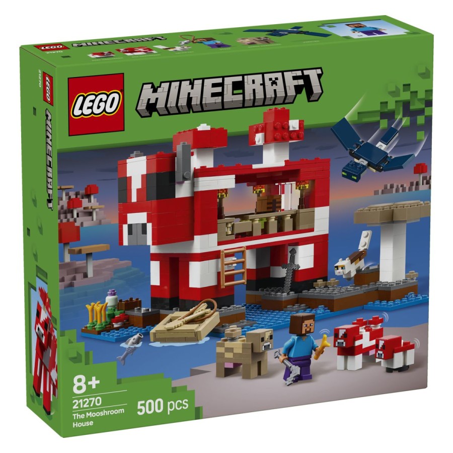 Lego® Minecraft® Gobja hišaPridruži se Stevu in sestavi gobjo hišo! Letečega fantoma odbij z mečem iz netherita. Preden sedeš v čoln in se odpraviš na ribolov po otoku