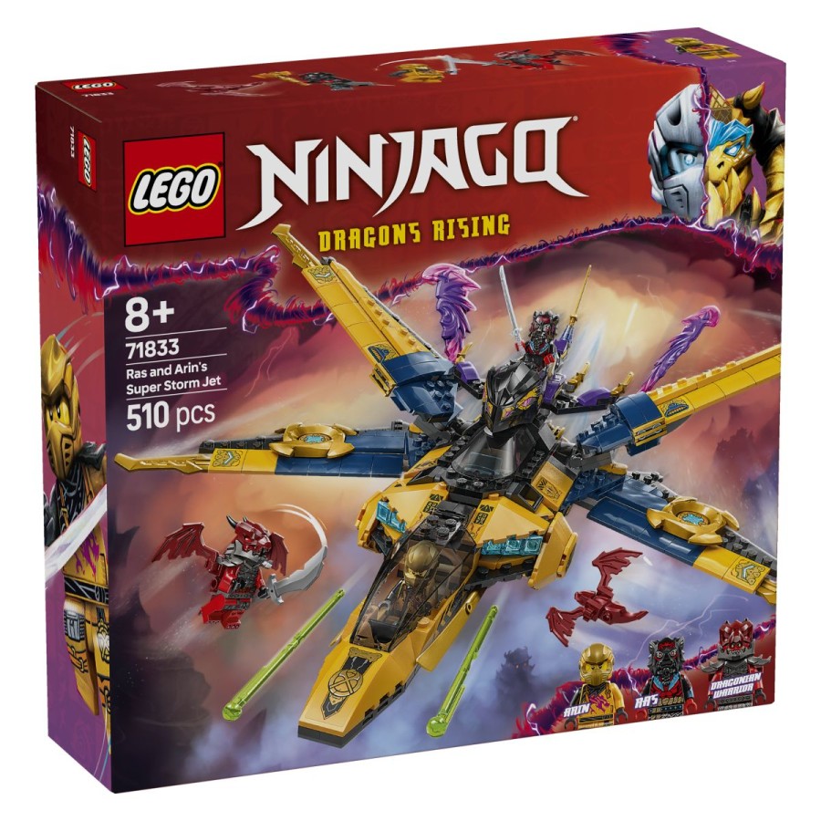 ki pilotirata super nevihtni reaktivec nad kaotičnim nebom NINJAGO® sveta! Arinu pomagaj ustreliti z vzmetnimi izstreljevalniki na reaktivcu. Rasu pomagaj