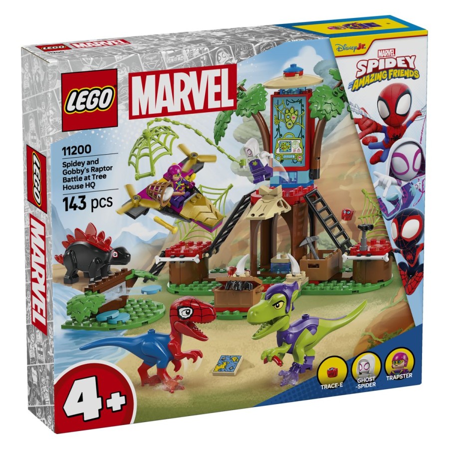 Lego® Spidey Spideyjev in Gobbyjev spopad v glavnem štabu v hiši na drevesuEkipa Spidey je v glavnem štabu v hiši na drevesu in raziskuje jamo z dinozavrskimi lobanjami