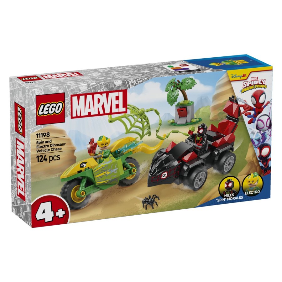 Lego® Spidey Pregon z dino voziloma Spin in ElektroElektro ukrade dragoceni kristal in oddrvi na svojem dilofozavrskem motorju! Miles »Spin« Morales je sedel v stegozavrski avto in jo lovi. Izstreli veliko dinozavrsko mrežo