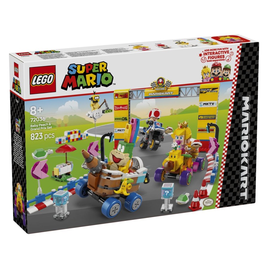 Lego® Super Mario™ Mario Kart™ – Baby Peach in Grand PrixPrilagodi svojo lastno stezo Mario Kart™ in dirkaj do zmage! Združi se z Baby Peach v njenem gokartu Wild Wiggler