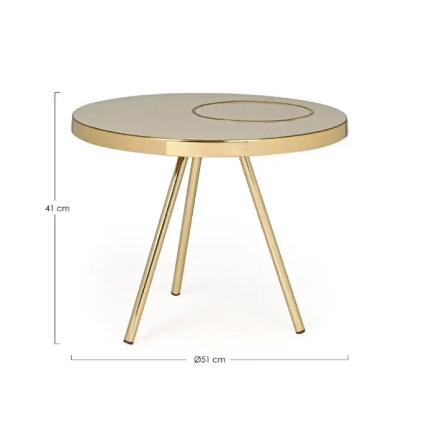 Klubska miza KESAR je narejena iz kovinske kontrukcije z medeninastim zaključkom. Zgornji del ima emajliran zaključek. Dimenzije: širina: Ø51cm višina: