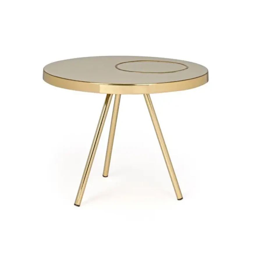 Klubska miza KESAR je narejena iz kovinske kontrukcije z medeninastim zaključkom. Zgornji del ima emajliran zaključek. Dimenzije: širina: Ø51cm višina: