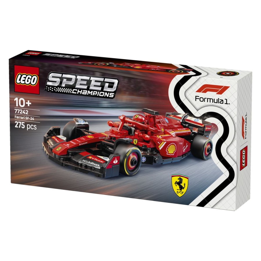 Uživaj v hitri akciji Formule 1® z iz kock sestavljenim dirkalnikom Ferrari SF-24 F1. Zberi
