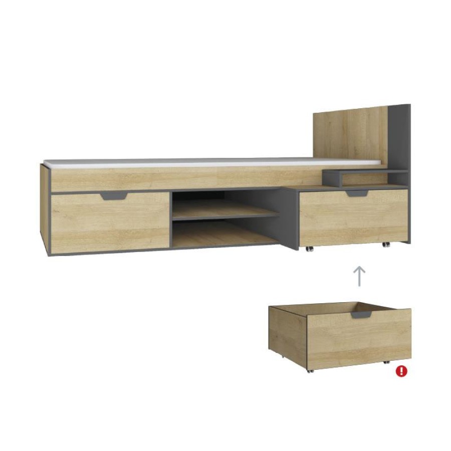Postelja 90 iz kolekcije NANO. Postelja je primerna za vzmetnico 90 x 200 cm, nudi veliko shranjevalnega prostora in vsebuje dodaten kontejner na kolesih, ki