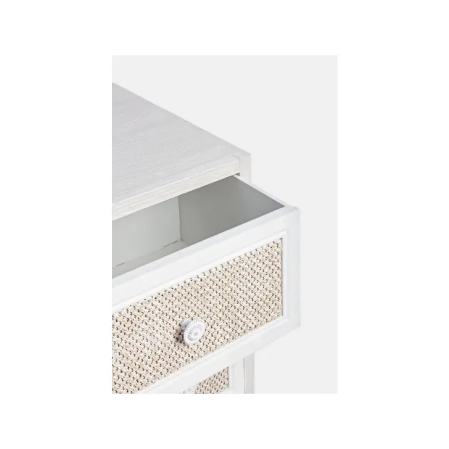 Predalnik 5C MONTIEL je narejen iz MDF-ja, sprednja stran predala je ovlečena v tkanino, noge so iz kovine. Material: - MDF - Tkanina - Kovina Barva: - Bela