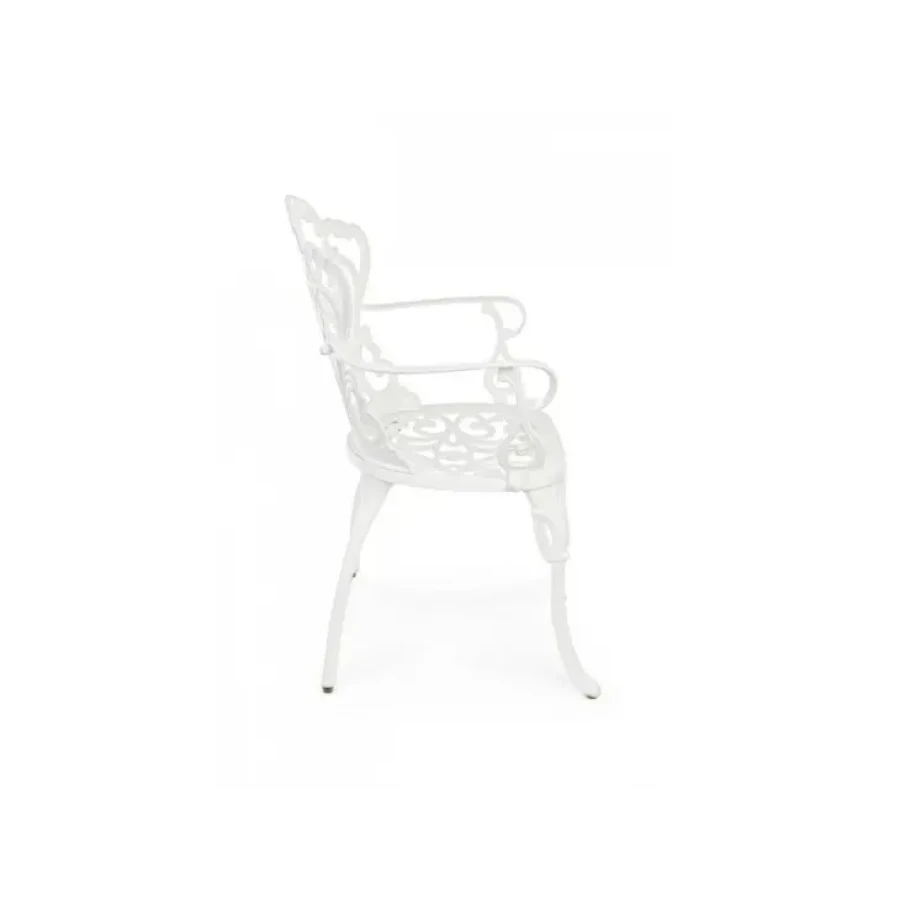 Vrtni stol VICTORIA bela je narejen iz aluminija. Dimenzije: širina: 57.5cm globina: 58cm višina: 87.5cm višina: 421cm višina sedišča: 42cm višina:
