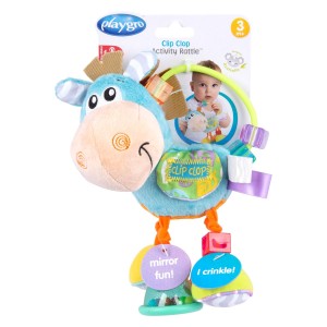Playgro ropotulja Clip Clop 0188462Ta interaktivna ropotuljica bo zabavala malčke in spodbujala njihov senzorični razvoj.  Ko dojenček raziskuje različne perlice