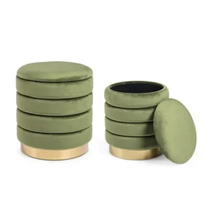 Set 2 taburejev DARINA zelena ima strukturo iz MDF-ja in vezane plošče, prevleko ima iz poliestra ki oddaja učinek žameta. Dno je zlatne barve. Material: -